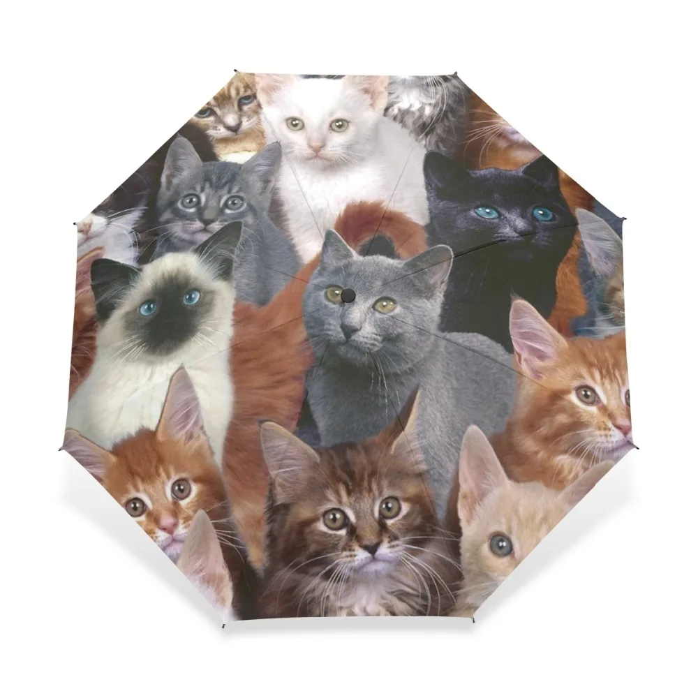 Hot Selling 3 Folding Women\'s Automatic Umbrella Pongee Anti-UV Cat Family Print Sun Protection Umbrella Male Rain Parasol