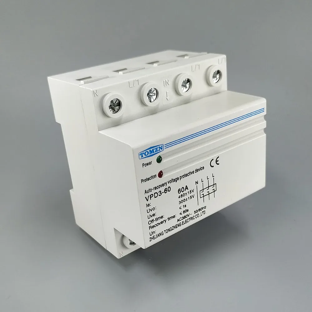 60A 380V~ Three Phase four wire Din rail automatic recovery reconnect over voltage and under voltage protective protection relay