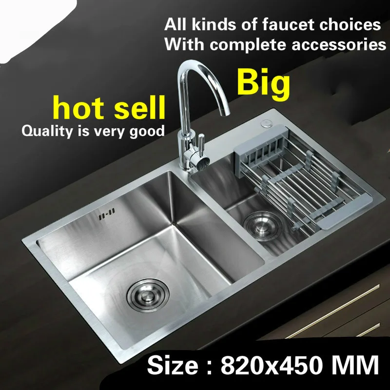 Free shipping hand made stainless steel household big kitchen sink double groove hot sell  820x450 MM