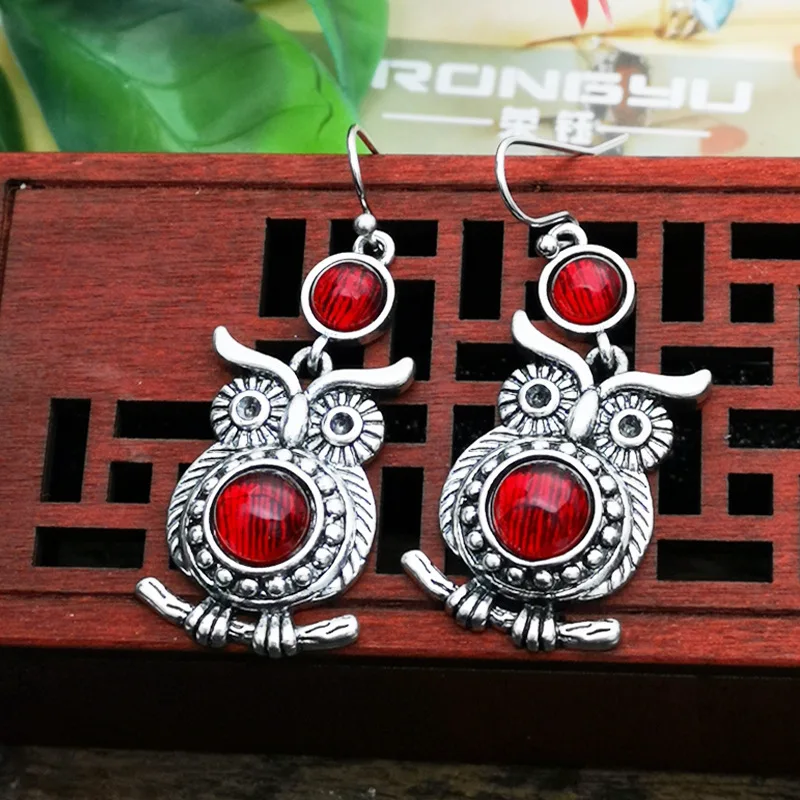 Red Zircon Brinco Silver Owl Vintage Dangle Earrings for Women Fashion Jewelry Wedding Engagement Statement Animals Drop Earings