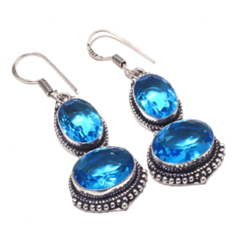 Blue Topas,Silver Overlay on Copper Earrings ,58 mm ,  E3988