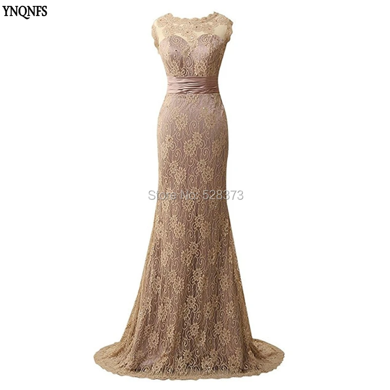 

YNQNFS MD145 Real Pictures Cap Sleeves Mermaid Beaded Champange Color Mother of the Bride/Groom Lace Dresses 2019