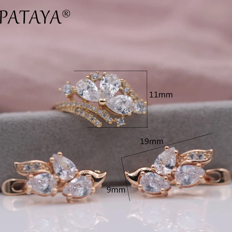 PATAYA New Exclusive 585 Rose Gold Color Water Drop Natural Zirconia Jewelry Women Bohemian Party Butterfly Earrings Rings Sets