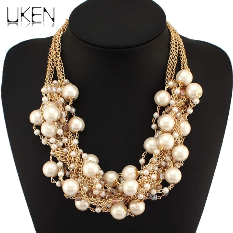 UKEN Fashion Women Maxi Necklaces Gold Color Chain Imitation Pearls Beads Crystal Collar Chokers Chunky Necklaces & Pendants