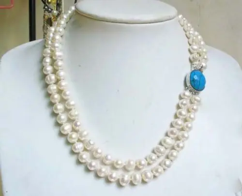 

huij 001577 white freshwater pearl 2 strands baroque beads necklace turquoise clasp