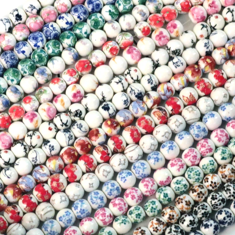 Wholesale 100pcs/lot 8mm 10mm Handmade Round Flower Design Ceramic Porcelain Loose Beads Jewelry Bracelet DIY Beads Accessories