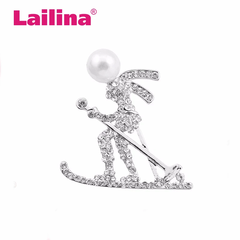 50pcs/lot Pearl Rhinestone Skiing Figure Brooch Pin