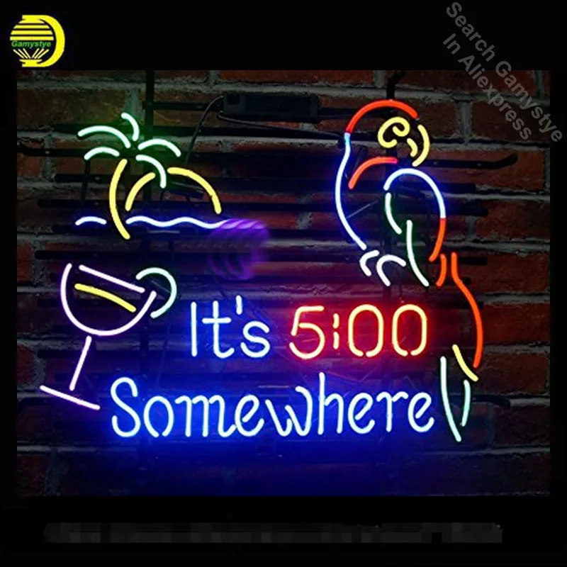 It's 5 :00 Somewhere Parrot Neon signs Neon Light Palm Tree Handmade Glass Neon Sign Beer Bar Light Excellent Unique Lamp Anime