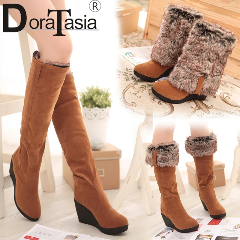 DoraTasia 34-43 Winter 3 Styles Fur Boots Ladies High Heels Platform Knee High Snow Boots Women 2019 Warm Fur Wedge Shoes Woman