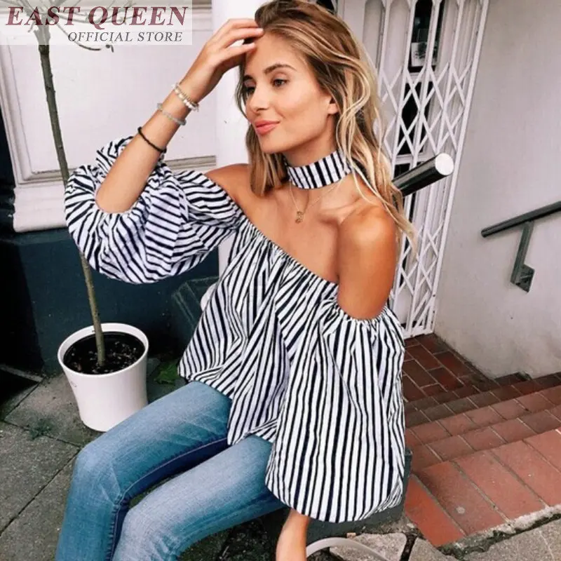 Sexy off shoulder striped blouse shirts for women chiffon half flare sleeve backless streetwear o-neck feminine shirt DD857 L