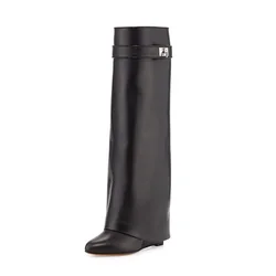 Stivali al ginocchio con zeppa in pelle nera con chiusura a squalo scarpe di alta qualità rovesciate cinturino inverno lungo Botos donna taglia grande 10