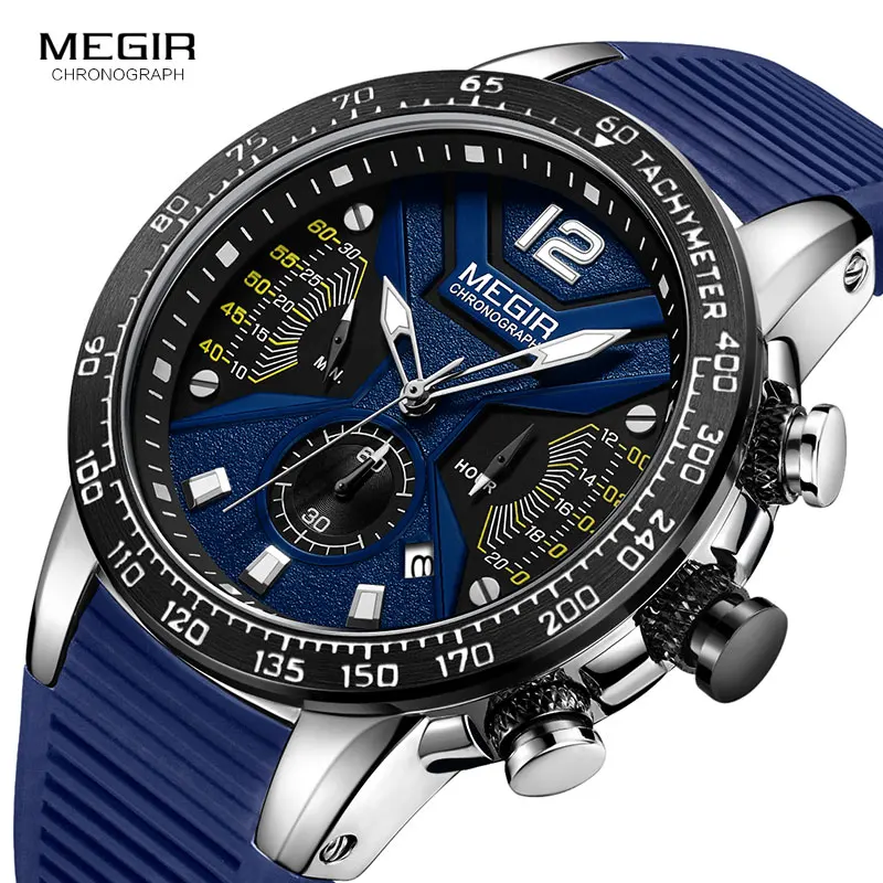 

MEGIR Men's Army Sport Chronograph Quartz Watches Silicone Strap Luminous Waterproof Wristwatch Man Relogios Masculino 2106 Blue