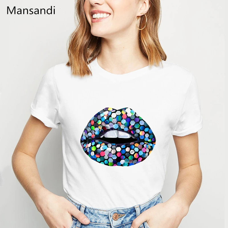 

Rainbow Sequin Lips Printed T Shirt Women Make Up Art Tshirt Pride Lgbt Gay Love Lesbian Tee shirt femme summer tops t-shirt