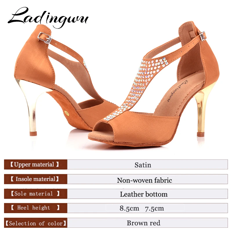 Ladingwu Women\'s latin dance shoes Soft Dancing Shoes Salsa Rhinestones BrownRed color Latin Dance Shoes Gold-plated heel 8.5cm