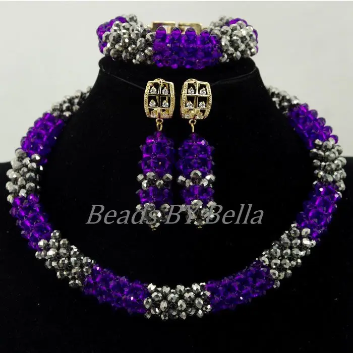 Hot Sale Purple/Silver Crystal Beads African Wedding Nigerian Women Party Choker Necklace Lace Jewelry Sets Free Shipping ABK957