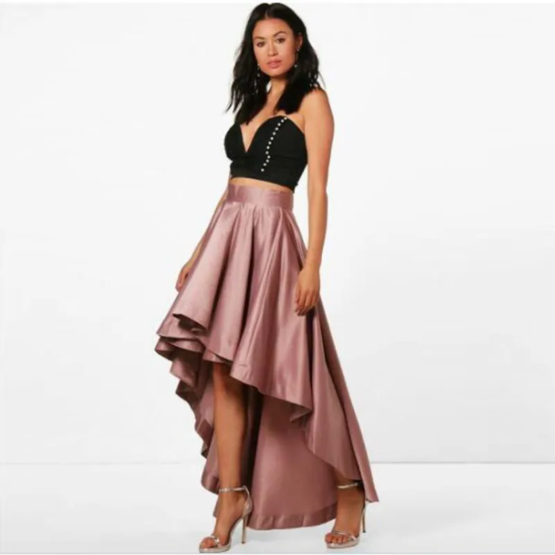 

2019 Vintage High Low Lady Pleated Satin Skirt Floor Length Top Quality Long Women Party Skirt Custom Fashion Any Color Free