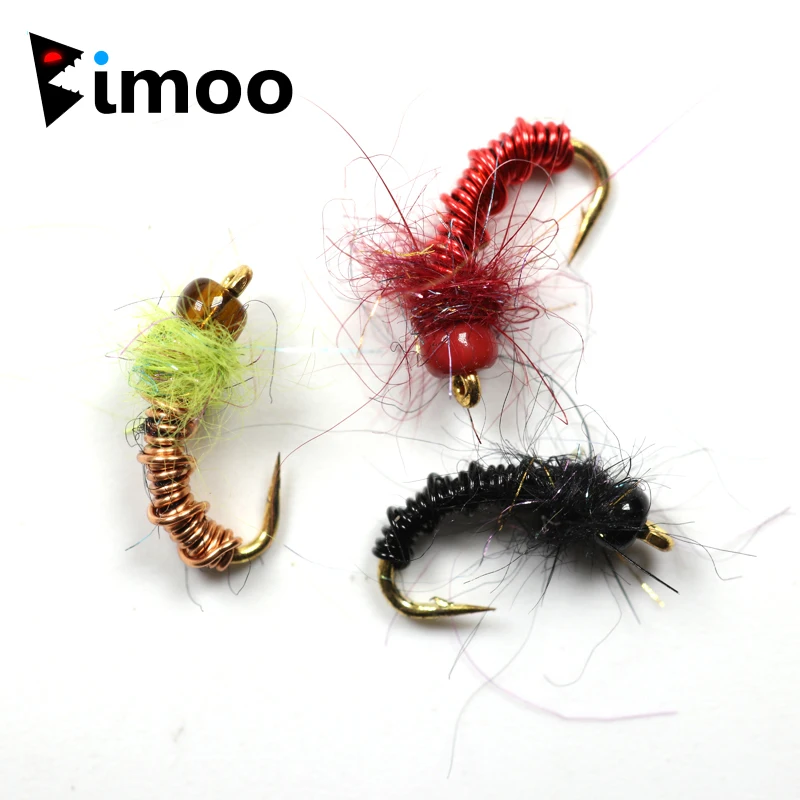 Bimoo 12pcs Deep Brassie Black Red Gold Midges / Chironomids Buzzers Bead Head Nymphs Flies Salmon Trout Fly Fishing Lures