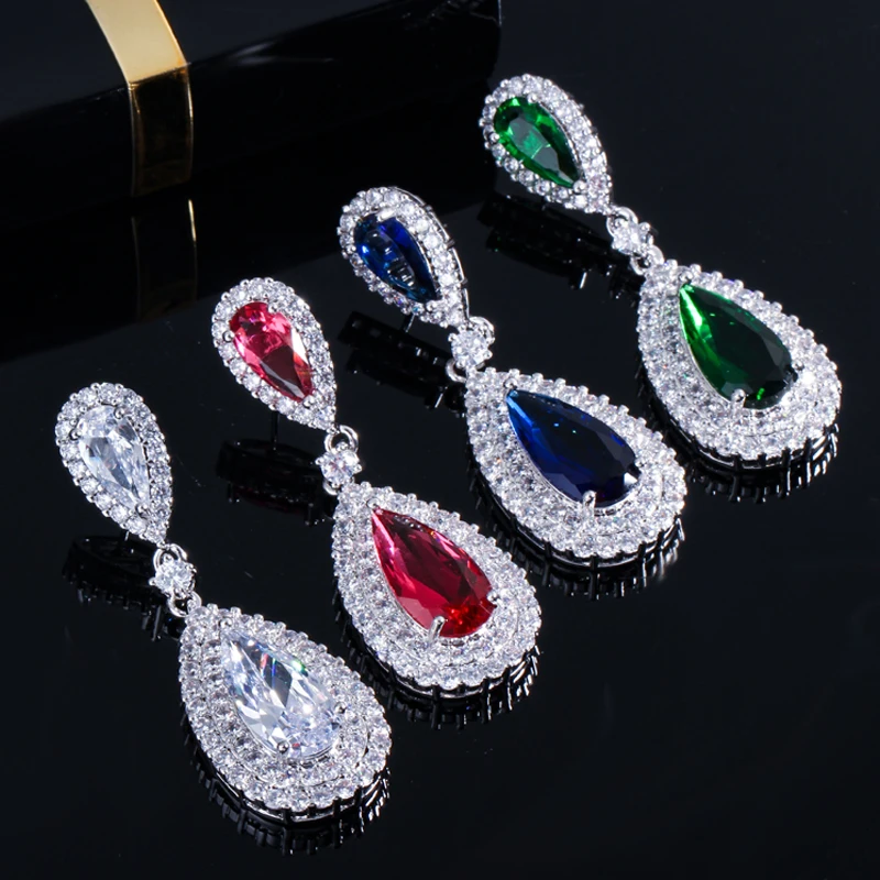 BeaQueen Gorgeous Big Long Dangle Tear Drop Stone Earrings Green Cubic Zircon Silver Color Bridal Wedding Jewelry for Women E285