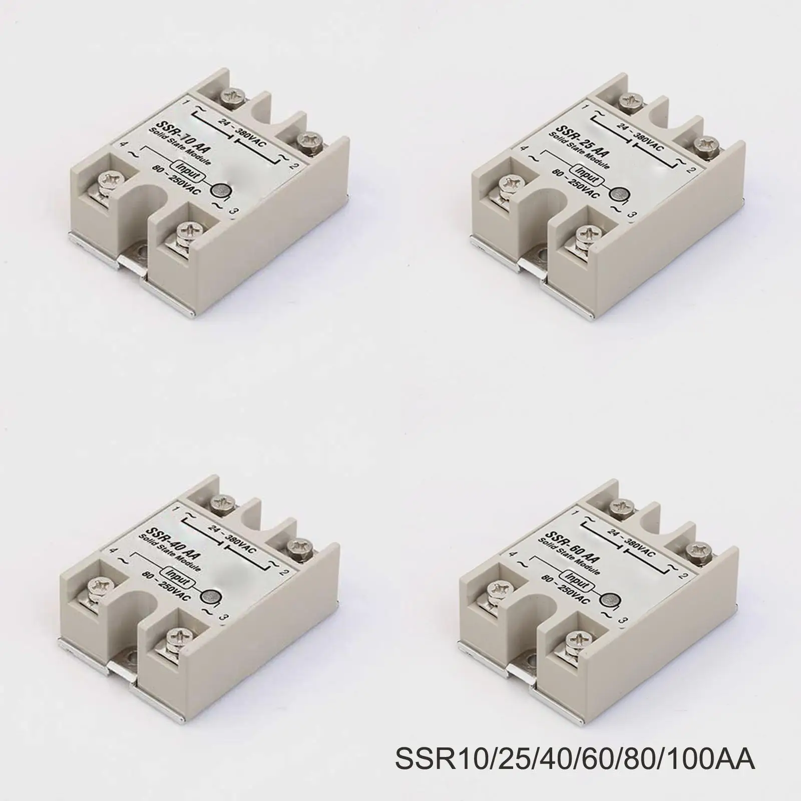 10A/25A/40A/50A/60A/75A/90A/100A SSR Single-phase Solid State Relay AC-AC Input 80-280VAC Load 24-380VAC