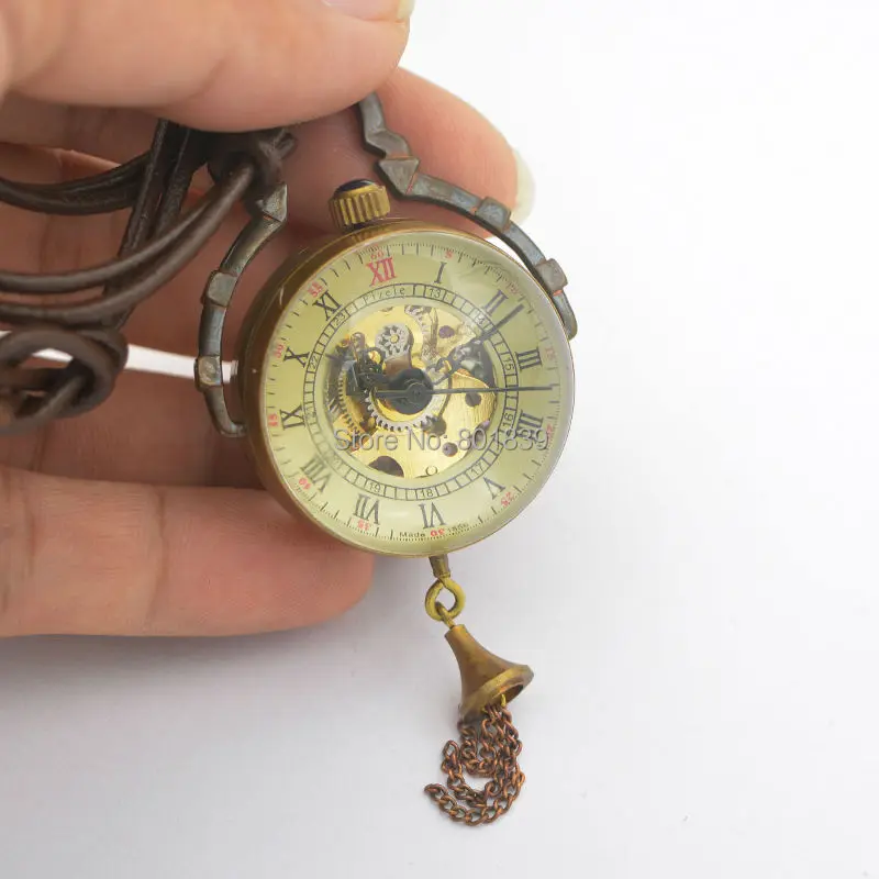 See Through Bronze Tone Crystal Ball Design Hand Wind Mechanical Pocket Watch +Leather Chain Nice Gift Wholesale Price H033