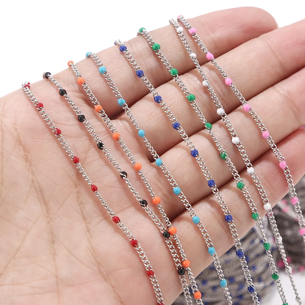 2 Meters 2mm Stainless Steel Enamel Blue/Red/Green/Black/Pink/Orange Satellite Chains Beaded Ball Curb Chain for Jewelry Making