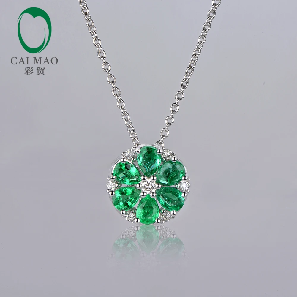 

Caimao Jewelry Natural 1.42CT Emerald H SI Diamond Engagement 14k White Gold Pendant Chain