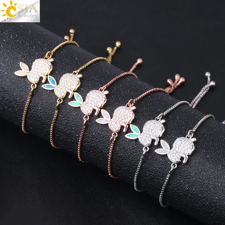 CSJA Lovely Rabbit Bracelet Luxury Bunny Bracelets Fire Opal Zircon Thin Link Rose Gold Color Wrist Chain for Women Girl G074