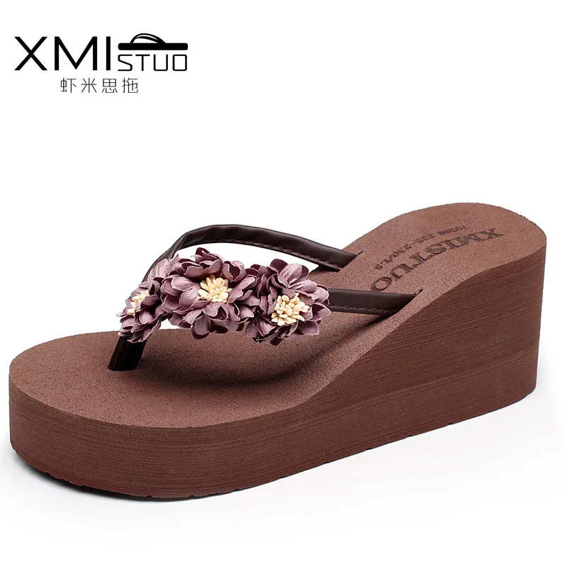 Summer Beach Thick bottom flip flops PU High heel Daisy Flowers Footwear shoes flip flop Female Muffin cake slippers