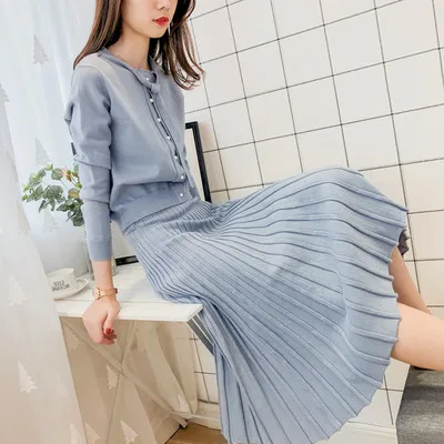 Fashion Sweet Girl 2 / Two Pieces Sets Elegant Slim Bow Collar Knitted Sweater Tops + Pleated Skirt Suit For Women Clothing