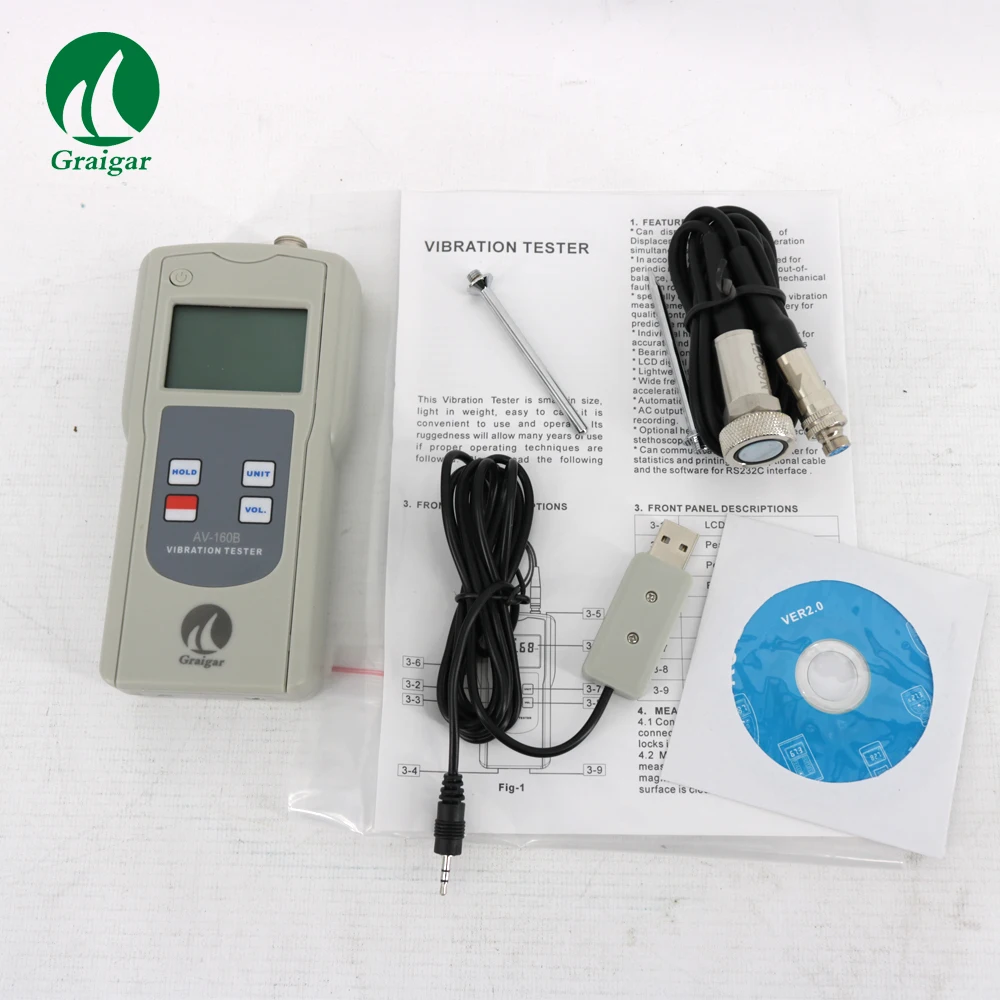 AV-160B Vibration Meter Digital analyzer Vibrometer with Acceleration Velocity Displacement Tester