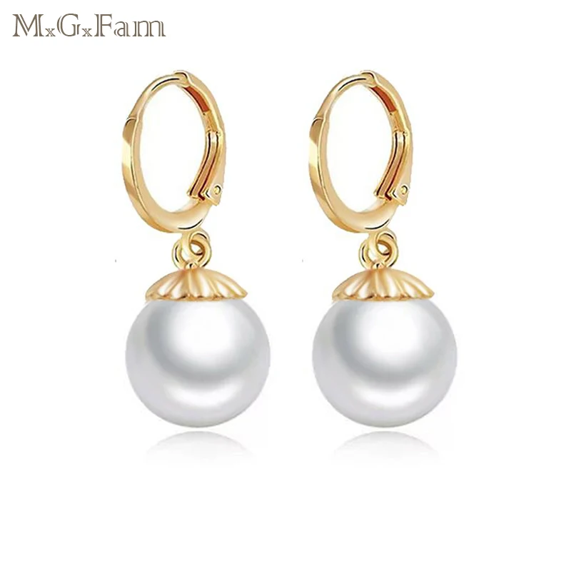 MxGxFam  Smooth Pearl Drop Earrings Jewelry for Elegant Women 8 mm Gold Color Classic Design