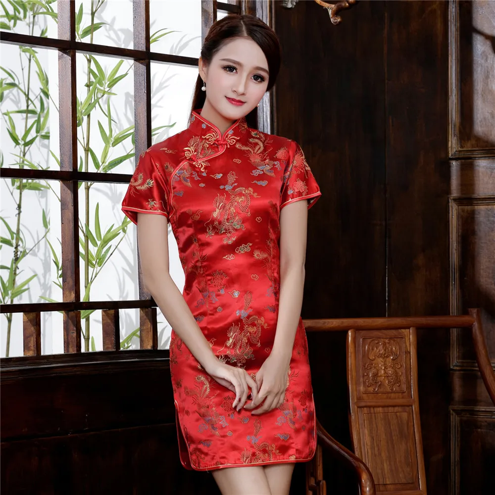 Chinese Style Women Dragon Phenix Qipao Classic Red Satin Cheongsam Plus Size Short Sleeve Mini Dress Vestidos 3XL 4XL 5XL 6XL