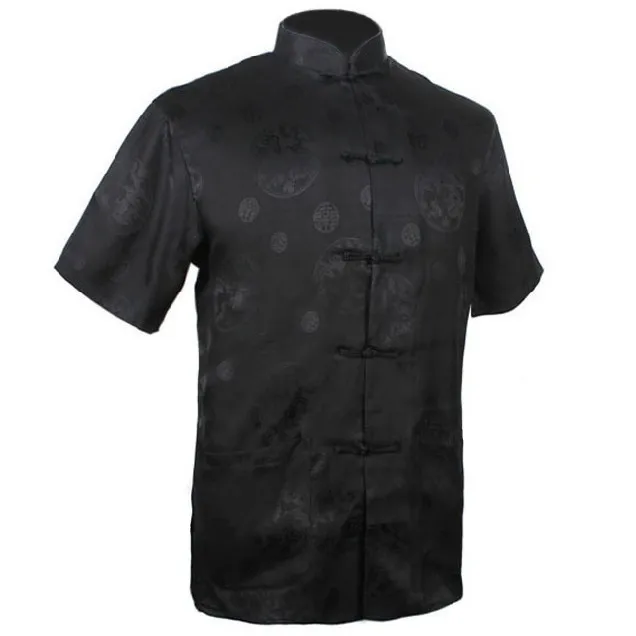 Dark Blue Chinese Men\'s Silk Satin Kung-Fu Shirt Top with Dragon Size S M L XL XXL XXXL Free Shipping M2066#