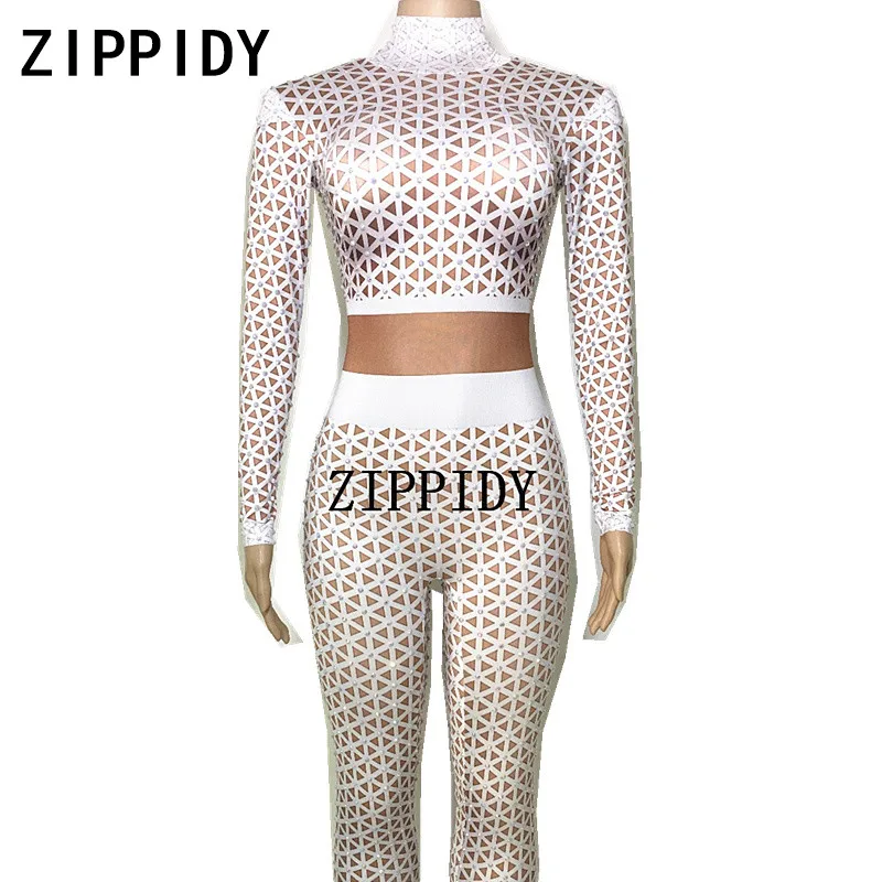 White Geometric Pattern Rhinestones Nude Jumpsuit Big Stretch Leggings Women's Prom Party Wear Nightclub Bar Show Sexy Bodysuit