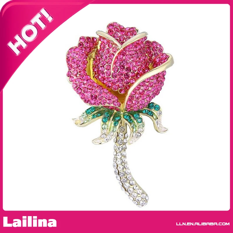 Gold-Tone Austrian Crystal Enamel Romantic Rose Flower Green Leaf Brooch Pin Pink