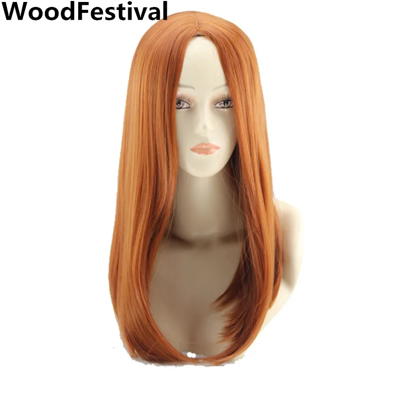 WoodFestival Synthetic Cosplay Orange Wig Straight Hair Women Wigs Female Medium Length Ladies 18Inches High Temperature Fiber