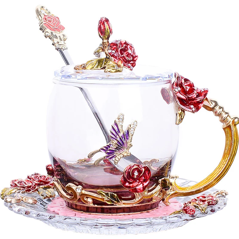 

Enamel Carved Flowers Glass Water Cup Heat Resistant Coffee Cup Glass Cup Women's Flower Tea Cup Coffee Mug Creative Gift Cup