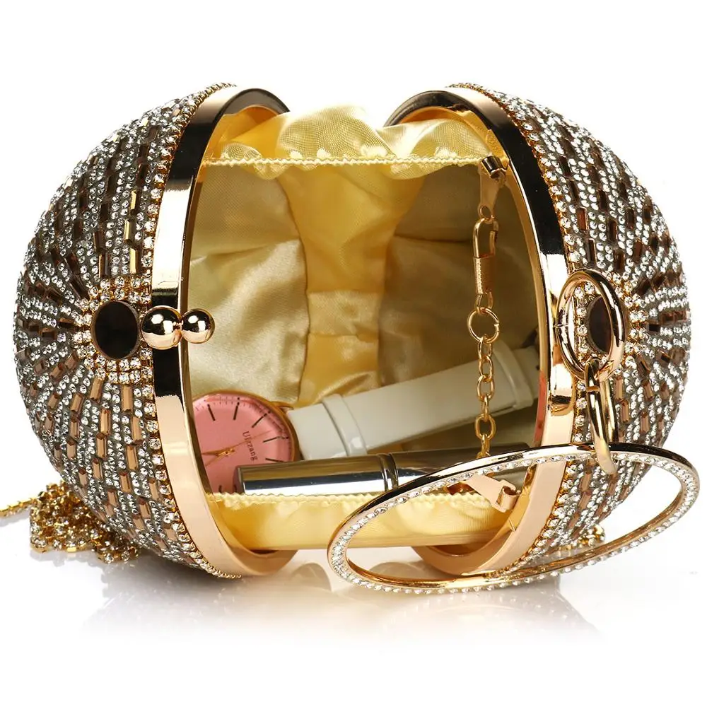 Golden Diamond Tassel Women Round Ball Metal Crystal Clutches Evening Bag Wedding Bridal Shoulder Messenger Handbag Luxury Purse