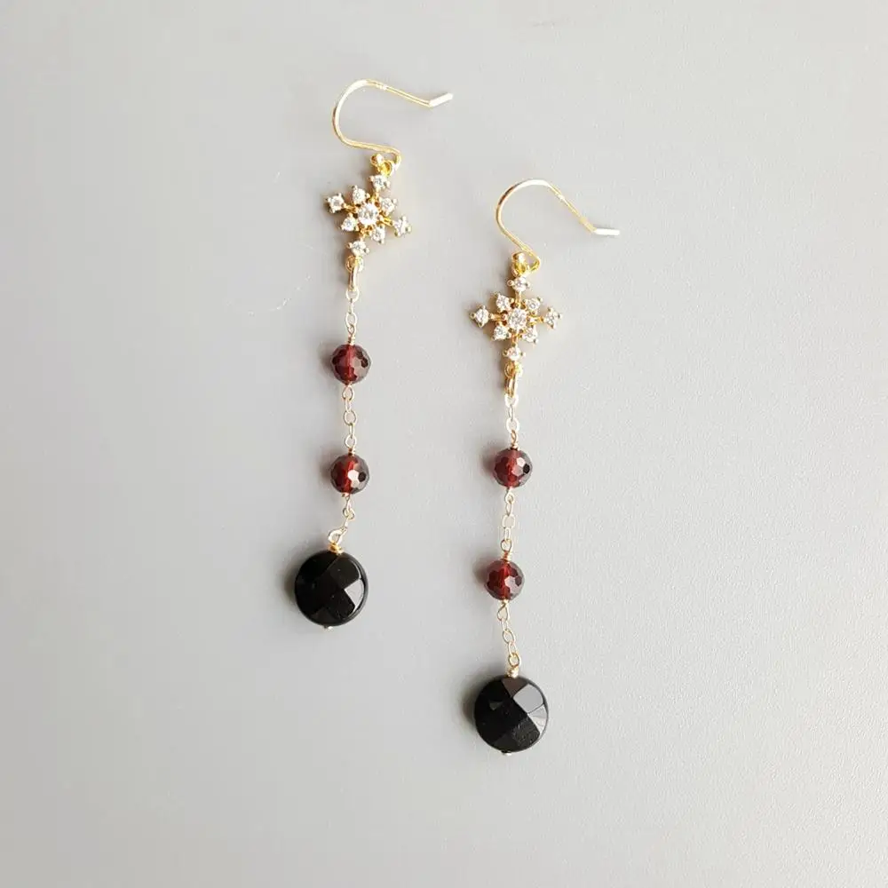 Lii Ji Genuine Black Agate Garnet Zircon Snowflake Drop Delicate S925 Earrings Hook Earrings