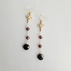 Lii Ji Genuine Black Agate Garnet Zircon Snowflake Drop Delicate S925 Earrings Hook Earrings