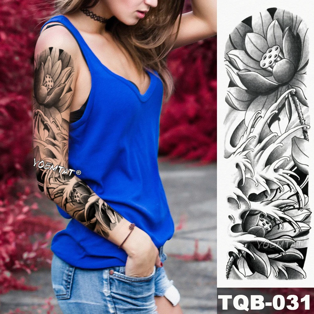 

New 1 Piece Temporary Tattoo Sticker black lotus flower style Tattoo with Arm Body Art Big Sleeve Large Fake Tattoo Sticker