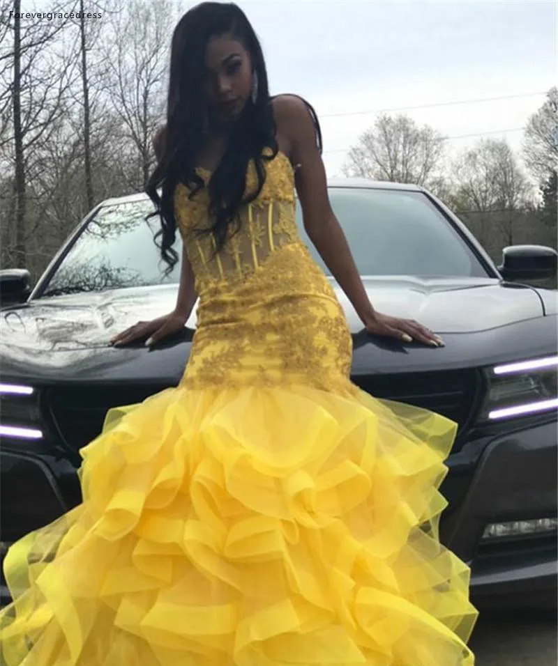 Yellow Color Long Prom Dresses 2019 South African Black Girls Sweetheart Appliques Holidays Graduation Wear Evening Party Gowns