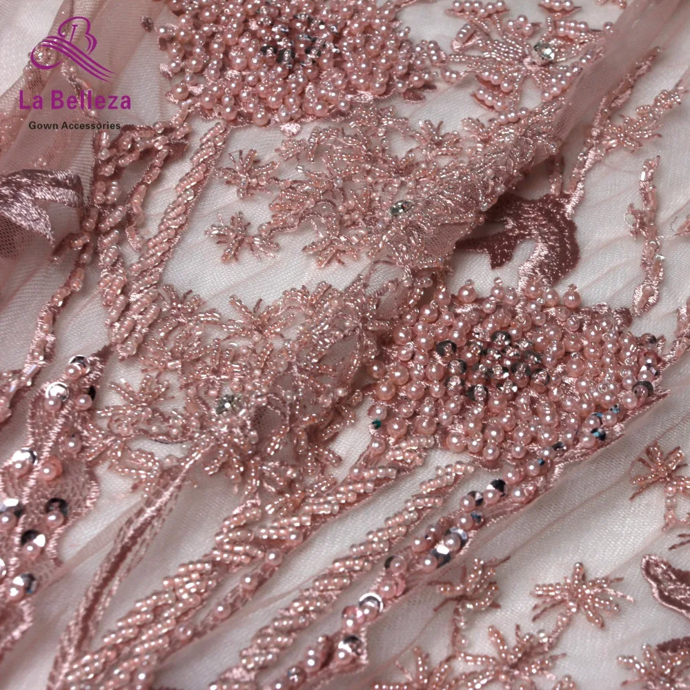 1yard New arrivels pink/black/blue heavy handmade beads on netting embroidery wedding dress lace fabric 130cm width