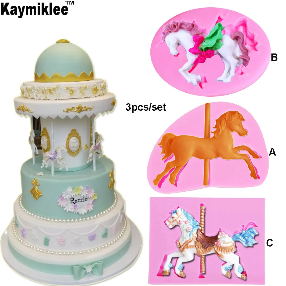 C264 gioielli 3D carosello cavallo stampi per fondente in Silicone strumenti per decorare torte Cupcake cioccolato Gumpaste stampi da cucina cottura