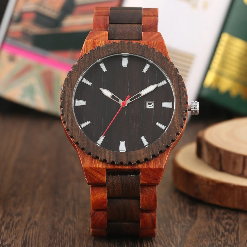 

Unique Red Sandalwood Wooden Men Watches Relogio Masculino Top Brand Luxury Complete Calendar Watch Present a Great Gift for Man