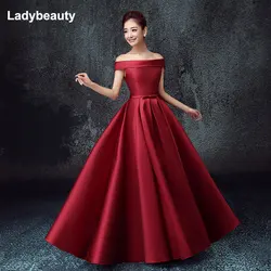 Ladybeauty New Satin Boat Neck Off-the-shoulder A-line Blue Long Evening Dresses Bridal Party Elegant Plus Size Prom Dress