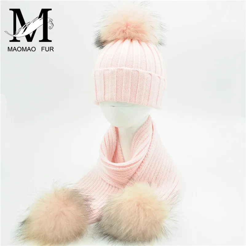 Jxwatcher Mother And Child Hat And Scarf Set High Quality Winter Real Raccoon Fur PomPom Knitted Fashion New Beanies Hat Scarves