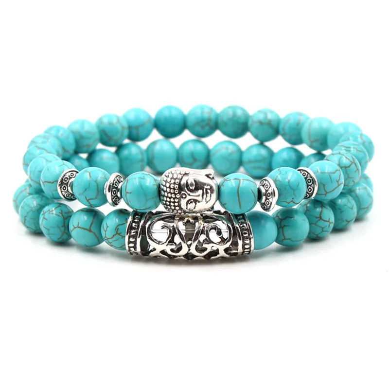 KMVEXO 2PCS/Set Silver Color Buddha Head Lava Skeleton Turquoises Natural Stone Beads For Women Men Bracelet Set Charm Bangles