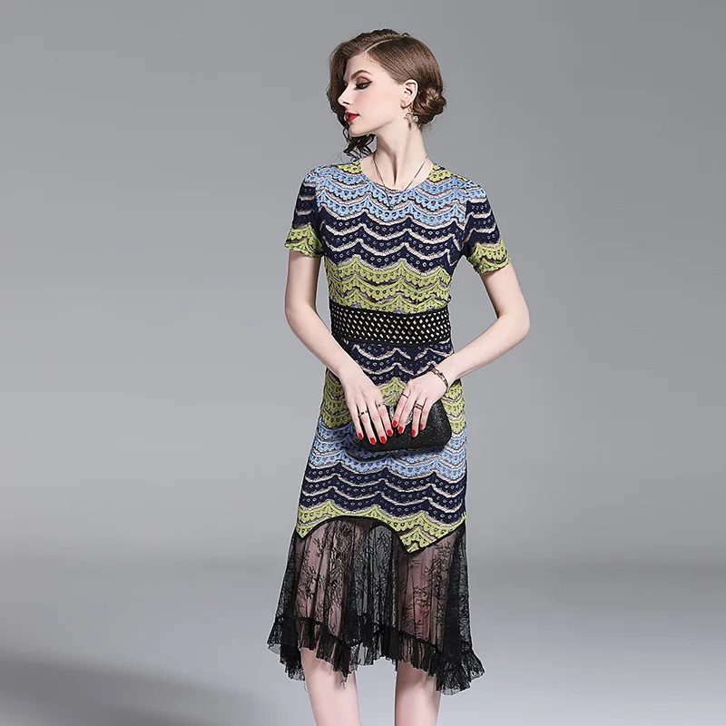 2023 summer new lace stitching short-sleeved fishtail Dress temperament slim bag hip sheath dress Striped patchwork Dresses