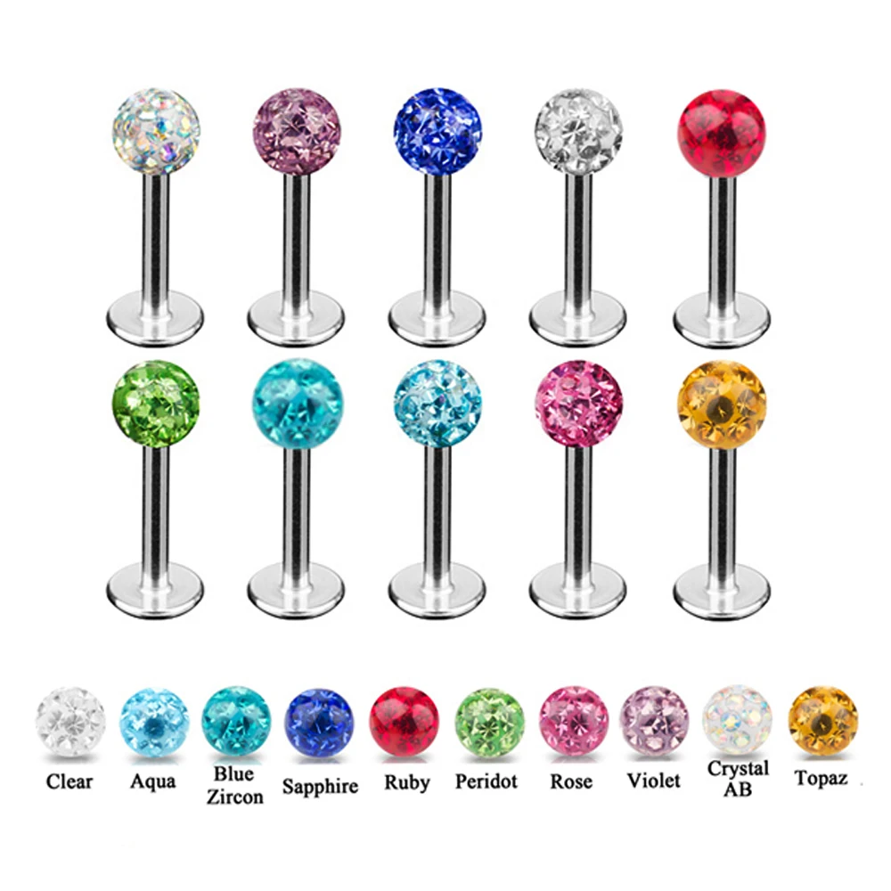 1PC Surgical Steel Crystal Labret Lip Stud colorful Ferido Ball epoxy CZ gem ball Ear Cartilage Tragus Piercing Stud Earring 16g